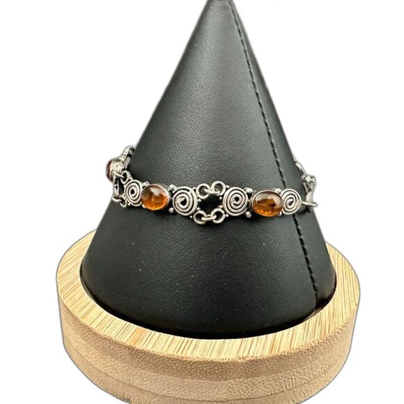 Vintage Sterling Silver 925 Amber stone scroll design Link Bracelet 6 3/4" - Picture 3 of 8